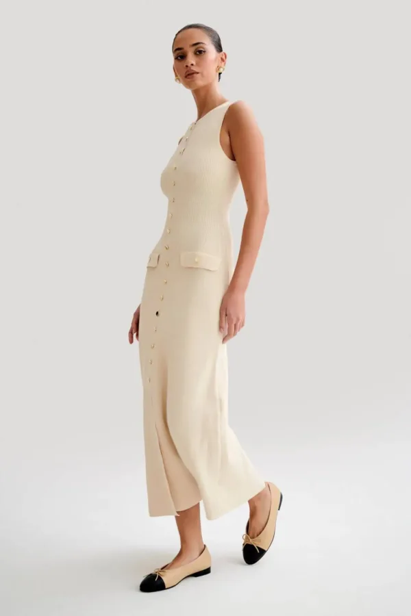 2024 Summer Elegant Lady Knitted Single Breasted Long Dresses Women Solid Sleeveless O Neck Button Bodycon Party Female Vestidos - Image 2