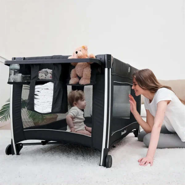 4 in 1 Portable Baby Crib Deluxe Nursery Center, Foldable Travel Playard with Bassinet, Mattress, Changing Table for Newborn, - Image 5
