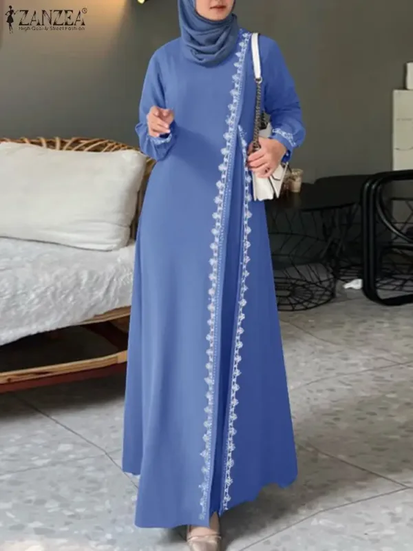 ZANZEA Spring Lace Crochet Maxi Dress Muslim Turkey Abaya Elegant Loose Vestidos Women Long Sleeve O Neck IsIamic Robe Kaftan - Image 3