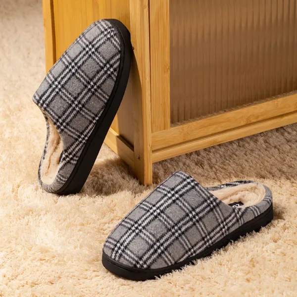 New Men's Striped Warm House Fleece Cozy Non-slip Plaid Cotton Mops Couples Slippers Winter Soft Indoor Bedroom Couples Shoes - Image 2