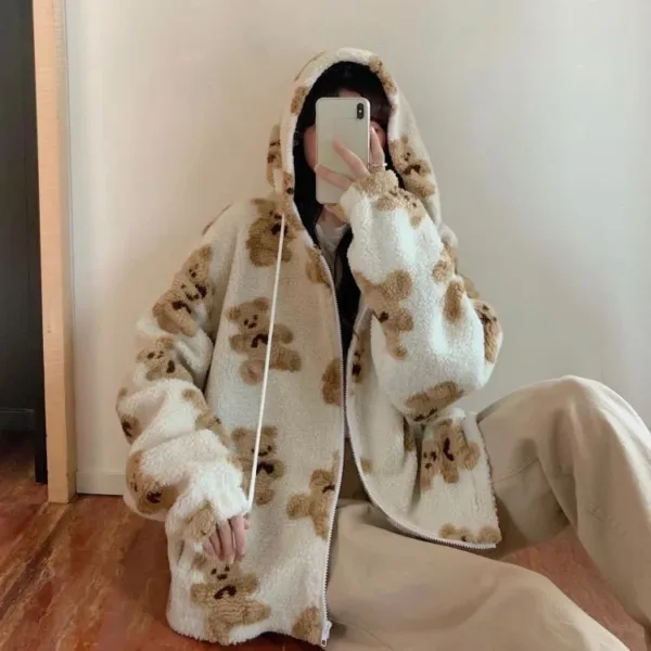 Cartoon Bear Lamb Hoodies Women's Wool Couple Jacket Casual Oversize Hoodie Winter Warm Tops Female Sweatshirt Cute Teddy Coats - Image 6