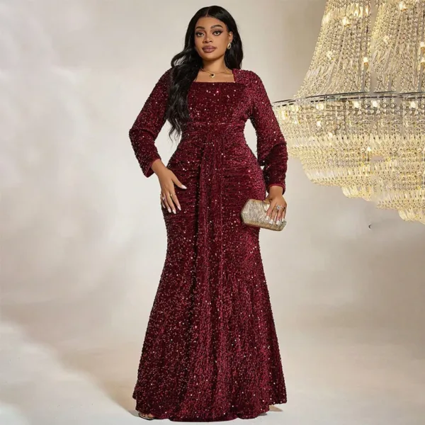 Women Luxury Party Dresses Plus Size Long Sleeve Square Neck Sequins Red Elegant Dress Temperament Fashion Lady Evening Dresses - Image 4