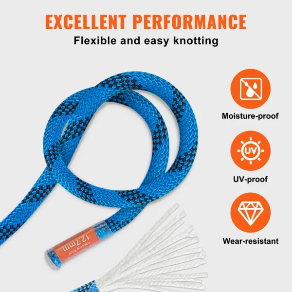 VEVOR 12.7mm Static Climbing Rope 125/150/200ft Outdoor Rock Climbing Rope 30KN Breaking Tension Fiber Rope w/ Steel Snap Hooks - Image 2