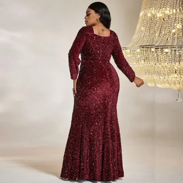 Women Luxury Party Dresses Plus Size Long Sleeve Square Neck Sequins Red Elegant Dress Temperament Fashion Lady Evening Dresses - Image 5