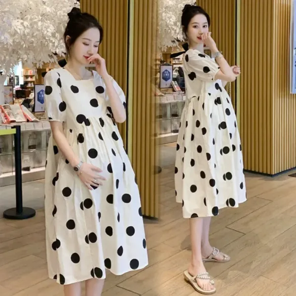 Maternity Fashion Summer Dress Outdoors High-end Fresh Dotty Skirt Loose-fit Medium-length Summer Dress - Image 3