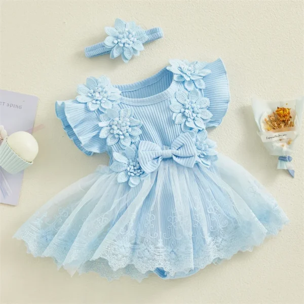 3D Flower Summer Baby Girls Romper Princess Mesh Newborn Clothes Lace Patchwork Ruffle Bodysuit Dress Headband Kids Clothing - Image 6