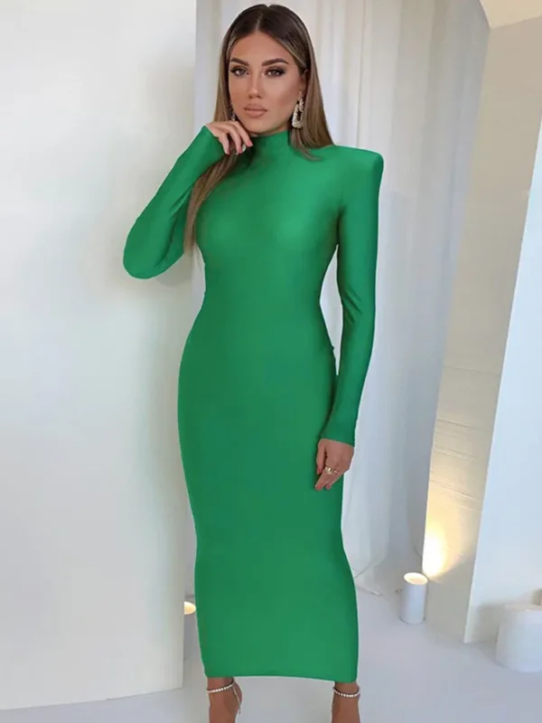 Shoulder Padded Long Sleeve Bodycon Green Party Club Maxi Long Dress Spring Autumn Women Fashion Elegant Clothes - Image 6