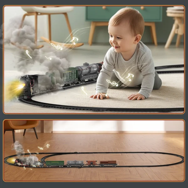Retro Steam Train Track Toy Set with Smokes,Lights, Sound,Tracks,Electric Toy Train with Locomotive Engine,Cargo Cars and Tracks - Image 4