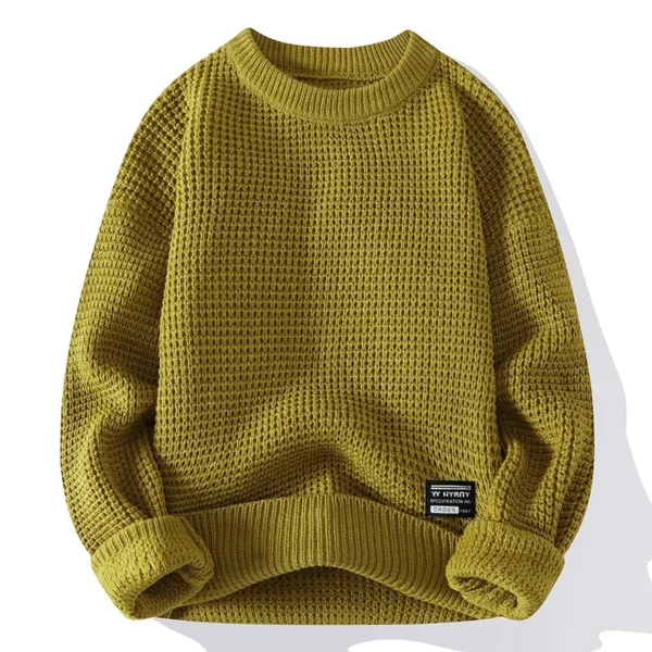 Casual Men's Round Neck Sweater Solid Color Texture Warm Knit Slim Fit Pullover Sweater Fashion New Winter - Image 2