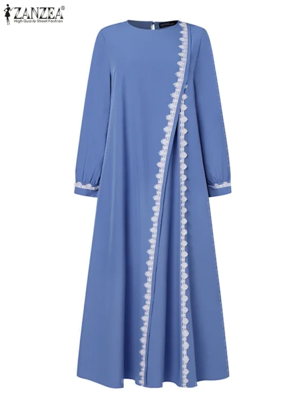 ZANZEA Spring Lace Crochet Maxi Dress Muslim Turkey Abaya Elegant Loose Vestidos Women Long Sleeve O Neck IsIamic Robe Kaftan - Image 5