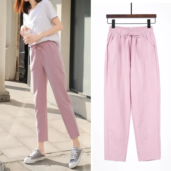 Womens Spring Summer Pants Cotton Linen Solid Elastic waist Candy Colors Harem Trousers Casual Female Pants - Image 13