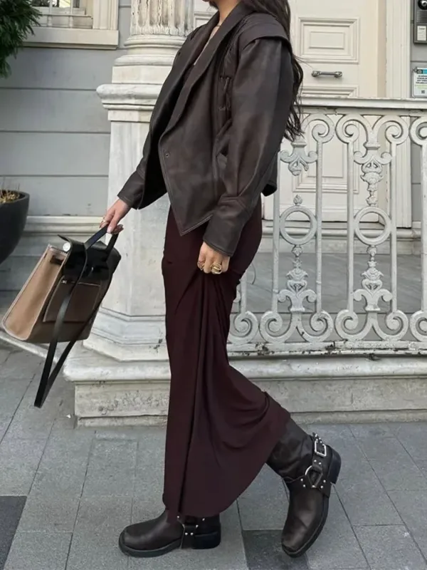 Fashion Leather Short Jacket With Belt Woman Lace Up Lapel Long Sleeve Motorcycle Coat Lady Winter Warm Street Outerwear - Image 4