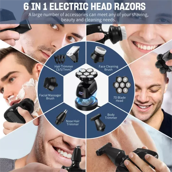 SEJOY 6-in-1 Multifunctional 7D Head Shavers for Bald Men Electric Razor with Nose Hair Trimmer Waterproof Mens Grooming Kit - Image 4