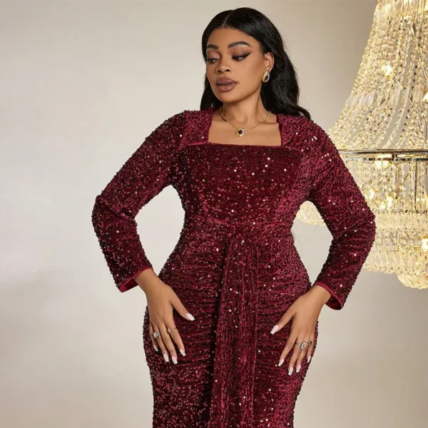 Women Luxury Party Dresses Plus Size Long Sleeve Square Neck Sequins Red Elegant Dress Temperament Fashion Lady Evening Dresses - Image 3
