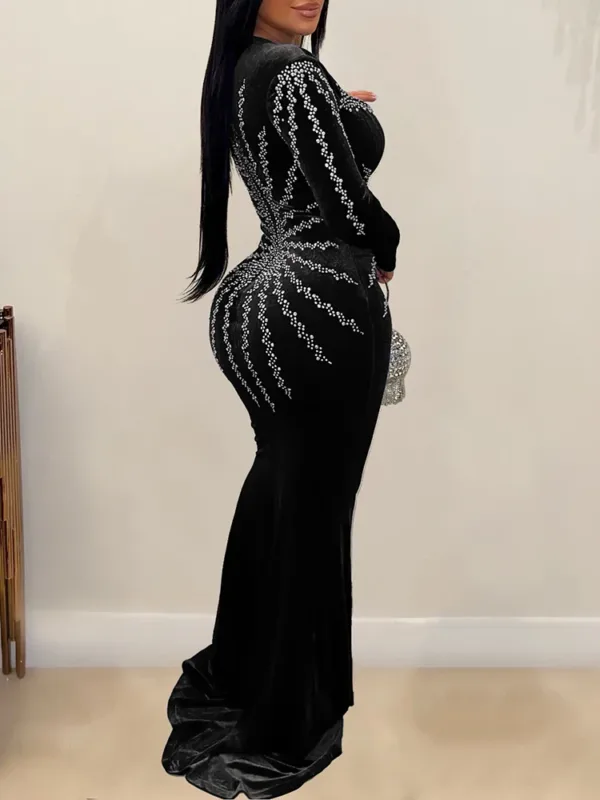 Elegant Diamonds Velvet Long Party Dress for Women Sexy Deep V Evening Gown Formal Black Slim Dress Robe - Image 6