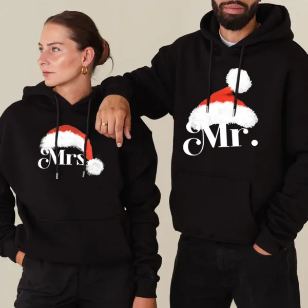 Hoodies Couple Christmas Hat Letter Mr Mrs Print Pullover Long Sleeve Fashion Xmas Gift Sportswear Women Men Lover Sweatshirt - Image 4