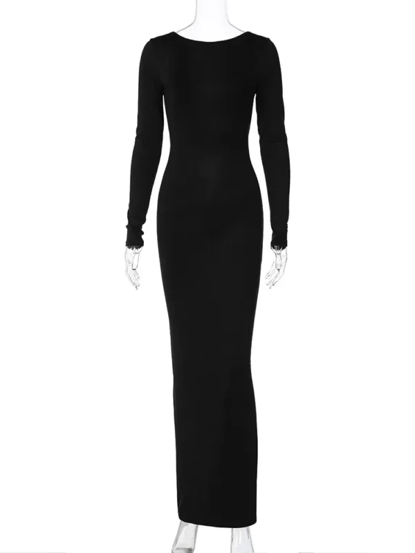 Hugcitar Spring Elegant Long Sleeve Backless Solid Cuched Sexy Bodycon Maxi Prom Dress Women Outfit Evening Party Festival Y2K - Image 5