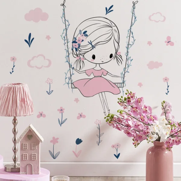 Pink Dress Little Girl Flower Butterfly Dandelion Wall Sticker Self-adhesive Removable Vinyl PVC Home Decor Living Room Bedroom - Image 7