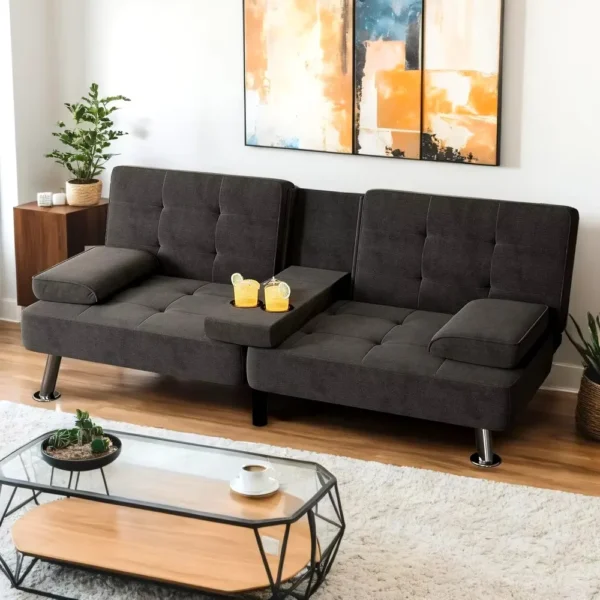 Shahoo Modern Linen Upholstered Convertible Folding Futon Sofa Bed with Removable Armrests, Metal Legs, 2 Cup - Image 3