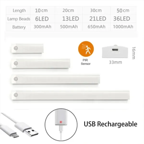PIR Motion Sensor LED Under Cabinet Lamp Dimmable Rechargeable Night Light Stairs Closet Room Aisle Tube Bar Detector Bulb - Image 8