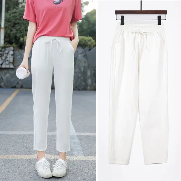 Womens Spring Summer Pants Cotton Linen Solid Elastic waist Candy Colors Harem Trousers Casual Female Pants - Image 3