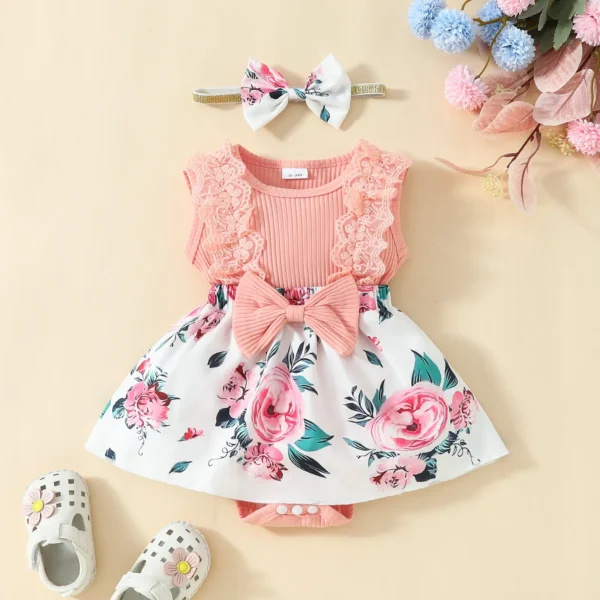 2024 Newborn Baby Girl Dress Sleeveless Lace Triangle Sweetheart 0-1 Year Old Baby Flower Bow Dress Headband - Image 5