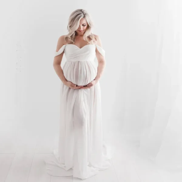 Maternity Dresses for Photo Shoot Off Shoulder Short Sleeve Mesh Sheer Split Long Pregnancy Dress Women Maternity Clothes - Image 10