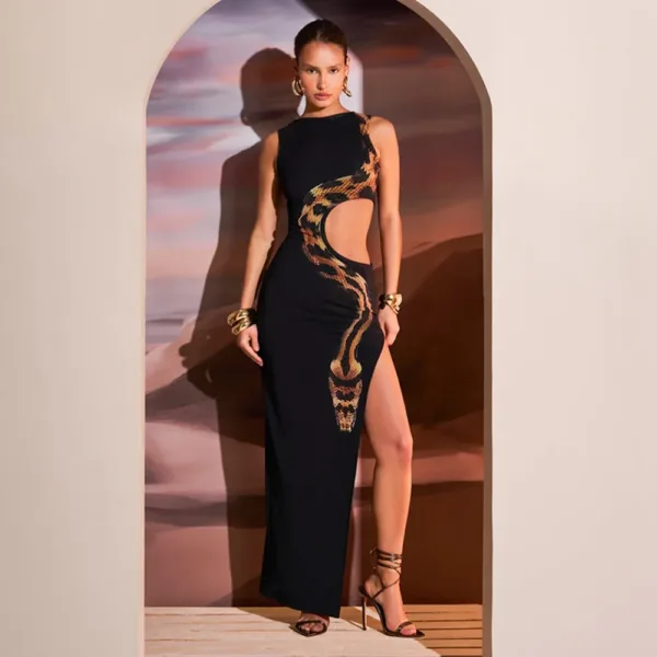 European and American Style Women's 2024 Summer New Sleeveless Sexy Slim Split Long Skirt Hollow Out Dress Gown - Image 7