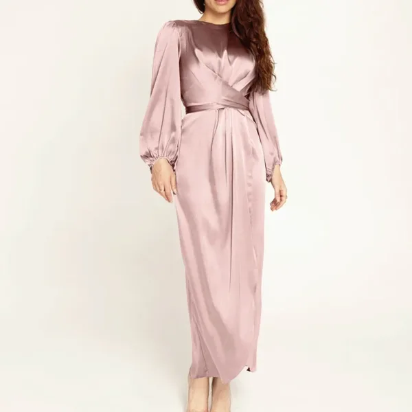 Women Arab Muslim Dresses Satin Long Sleeve Maxi Dress Solid Color Wrap Front Self-Tie Party Dress Prom Evening Robe De Soiree - Image 3