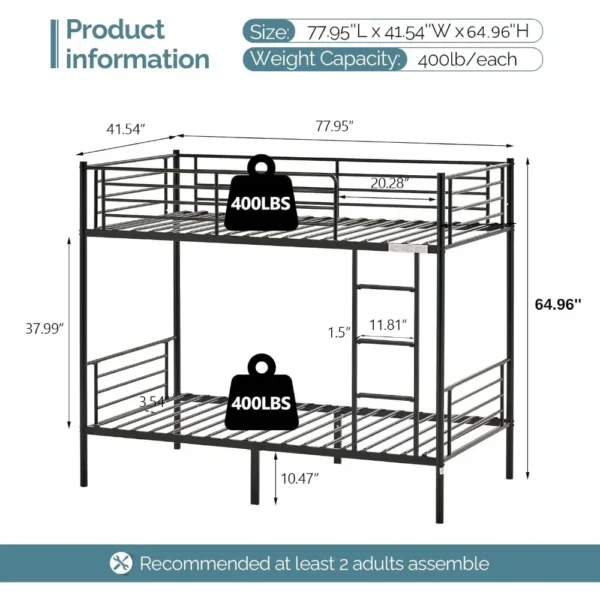 Bunk Bed Twin Over Twin, Twin Bunk Beds for kids/Teens/Adults, Flat Ladder and High Guardrail, Metal Bunk Bed with Stairs, Black - Image 6