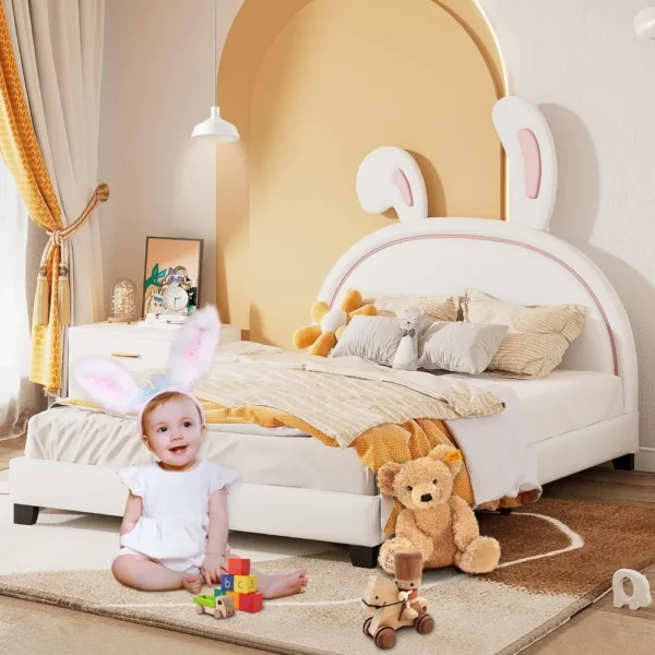 Children bed. With rabbit headboard, with Flat noodles support, baby bed frame, children's bedroom, white, children's bed - Image 2
