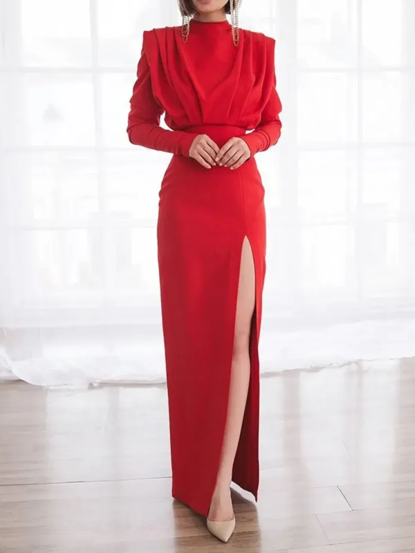 Half High Collar Slit Dresses for Women Casual Long Sleeve Solid Long Abaya Spring Summer Muslim Drsss Women Party Evening Dress