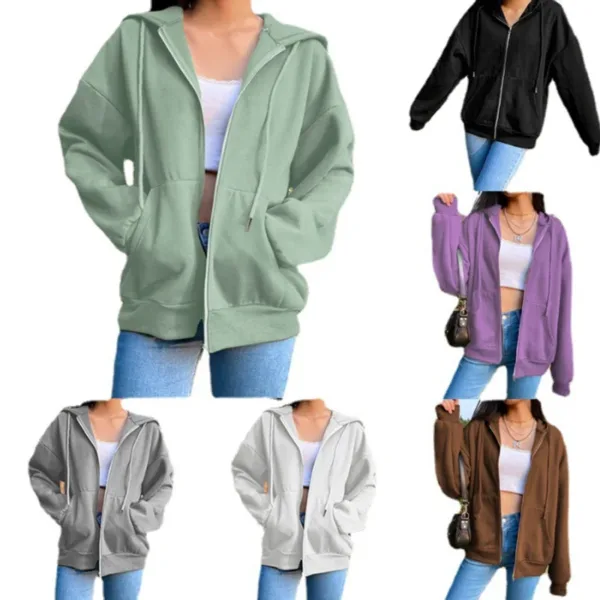 Autumn Fleece Hoodie Solid Color Hooded Korean Fashion Sweatshirts Long Sleeve Top Drawstring Pockets Loose Zipper Black Hoodies - Image 4