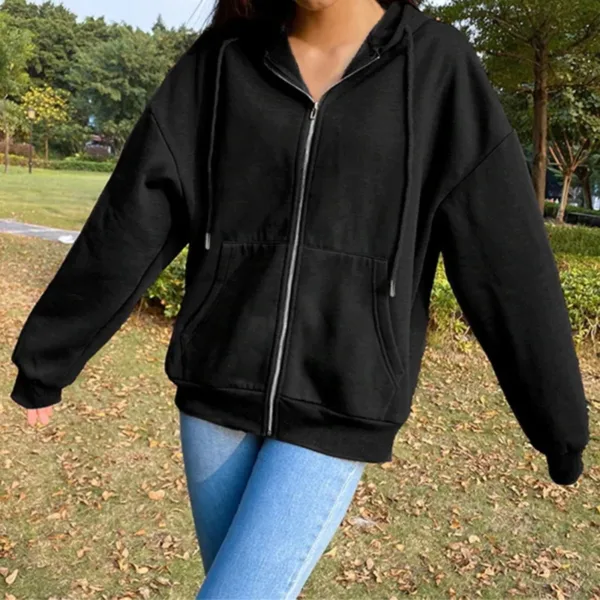 Autumn Fleece Hoodie Solid Color Hooded Korean Fashion Sweatshirts Long Sleeve Top Drawstring Pockets Loose Zipper Black Hoodies - Image 3
