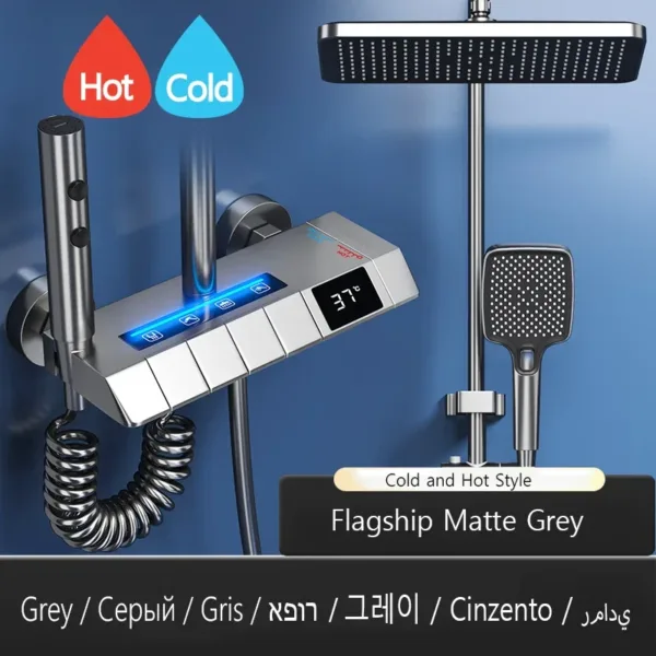 Piano Keys Bathroom Shower System Intelligent LED Temperature Display Shower Suit Bathtub Gray Rain Mixer Shower Faucet Full Set