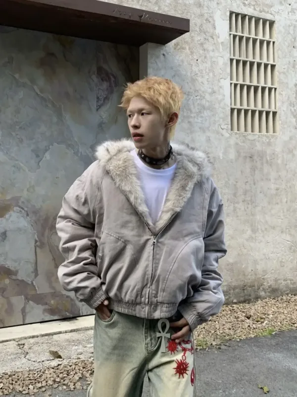 Winter Retro American Woolen Collar Hooded Cotton Jacket Thick Plush Top Men Street Hip Hop Gothic Harajuku Oversize Jacket Coat - Image 3