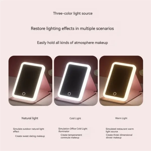 Makeup mirror Folding makeup mirror, 1 piece portable LED mirror with ring light, three-color light self-standing makeup mirror, - Image 5