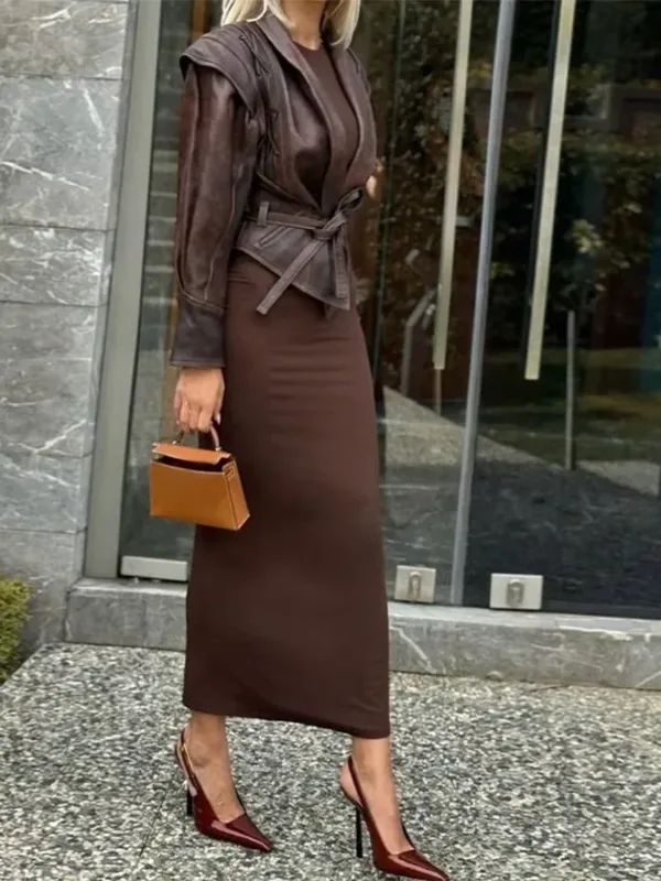Fashion Leather Short Jacket With Belt Woman Lace Up Lapel Long Sleeve Motorcycle Coat Lady Winter Warm Street Outerwear - Image 3