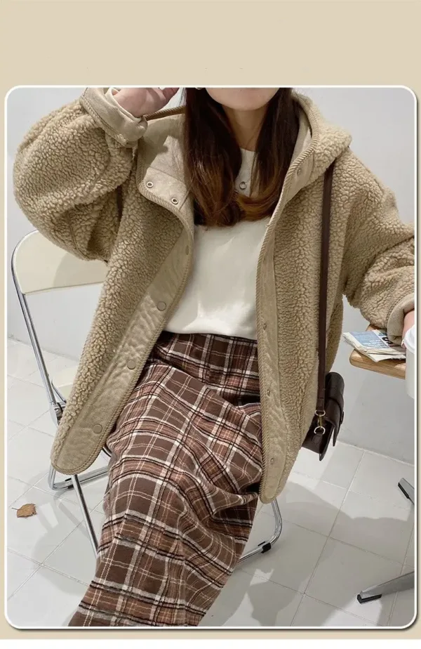 Lamb Wool Coats Women Hooded Full Sleeve Jackets Single Breasted Mid Length Coat Autumn Winter Solid Open Stitch Outerwear - Image 3