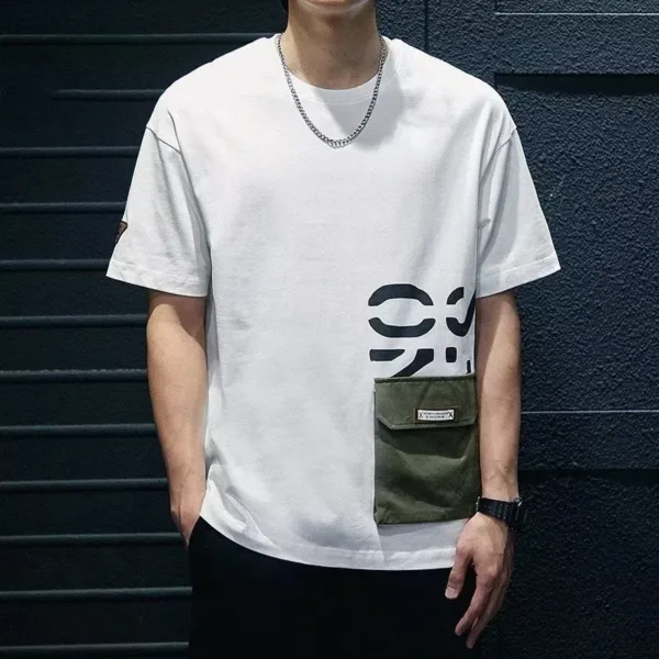 Summer Men's Short Sleeve Letter Printed T-shirt With Cargo Pocket Casual Cotton O-Neck Tops Y2K Streetwear Oversized Tee Shirts - Image 9