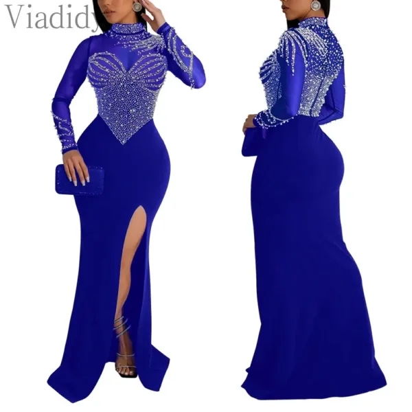Women's Sexy See Through Rhinestone Beads Decor Floor Length Mermaid Party Dress - Image 5
