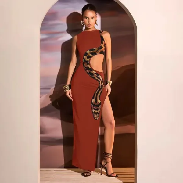 European and American Style Women's 2024 Summer New Sleeveless Sexy Slim Split Long Skirt Hollow Out Dress Gown