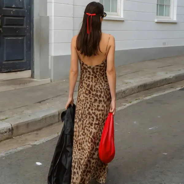 Ladies Vintage Leopard Print Women Sexy Spaghetti Strap Summer Dress Chic Swing Collar Backless Party Club Long Dresses Female - Image 3