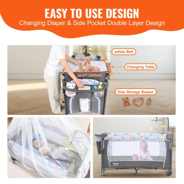 VEVOR Baby Bassinet 77 pounds Load Capacity Easy to Fold Portable Baby Bassinet Bedside Sleeper with Storage Basket and Wheels - Image 6