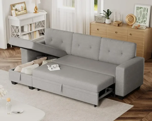 Sofa Bed Reversible Convertible Sleeper Pull Out Couches with Storage Chaise, Linen Fabric Furniture for Living Room, Bedroom - Image 9
