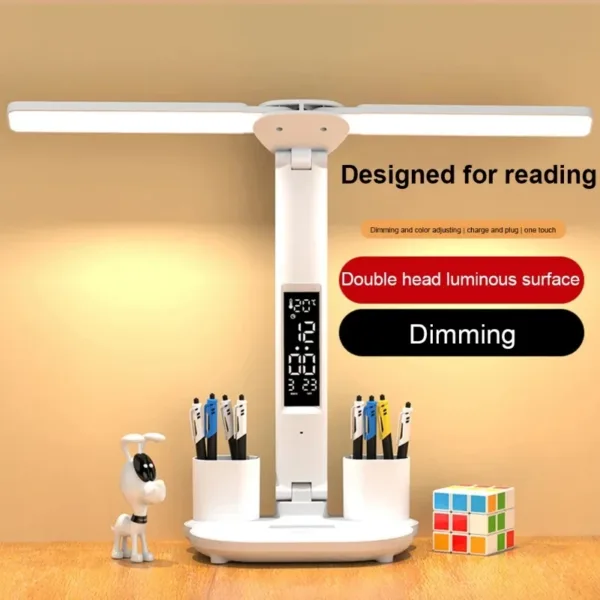 LED Clock Table Lamp USB Chargeable Dimmable Desk Lamp 2 Heads 180 Rotate Foldable Eye Protection Reading Night Light - Image 5