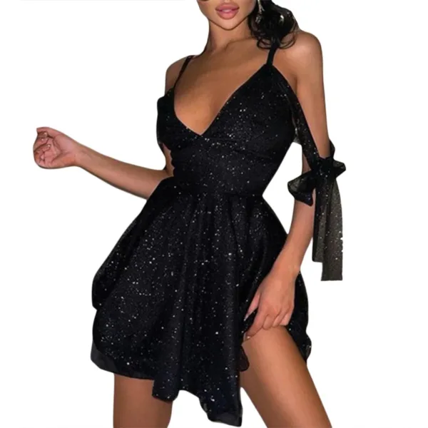Women Fashion Shiny Off Shoulder Dress Solid Color Sexy Spaghetti Strap V-Neck Backless Elegant Cocktail Party Dress for Ladies - Image 3