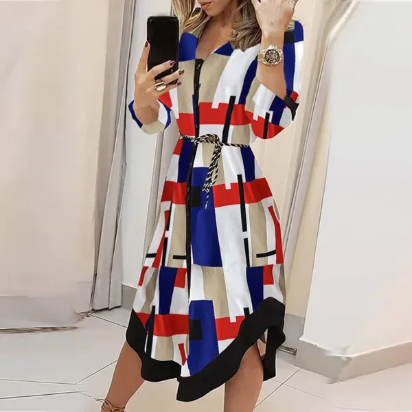 2024 Women's Autumn New Fashion and Elegant Commuter Print V-neck Lace up Long Sleeve Slim Fit Mid length Dress - Image 2