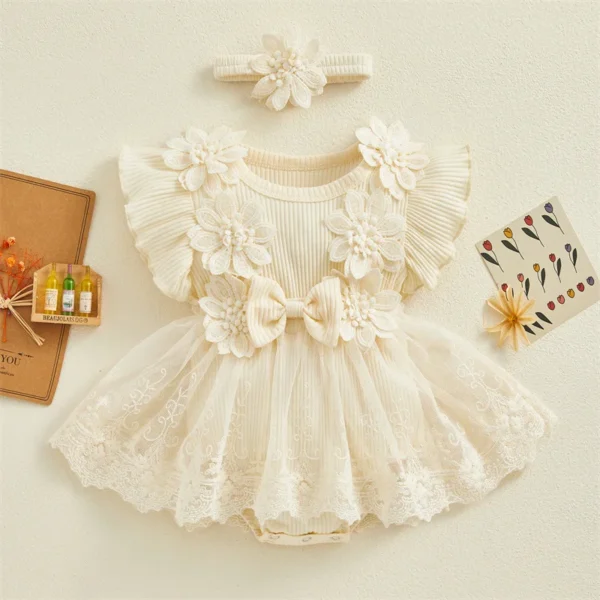 3D Flower Summer Baby Girls Romper Princess Mesh Newborn Clothes Lace Patchwork Ruffle Bodysuit Dress Headband Kids Clothing - Image 10