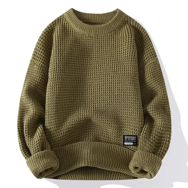 Casual Men's Round Neck Sweater Solid Color Texture Warm Knit Slim Fit Pullover Sweater Fashion New Winter - Image 8